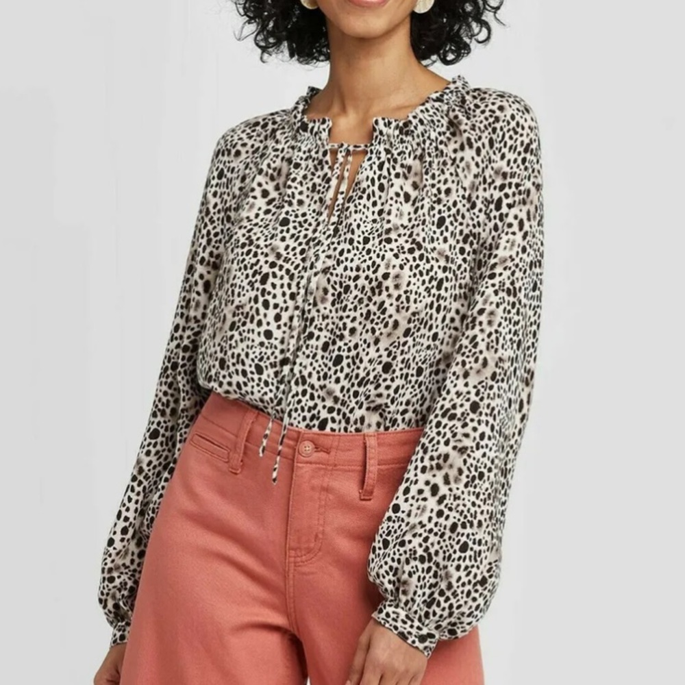 A NEW DAY Tie Front Blouse | Black Leopard Print | Large